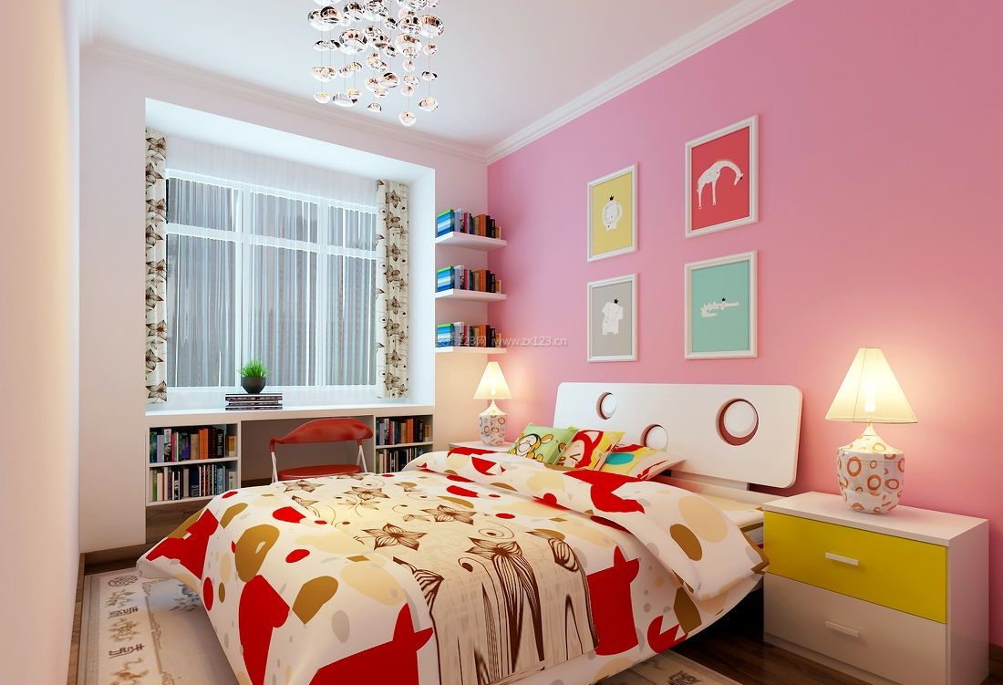 儿童小卧室粉色墙面设计效果图_装修123效果图