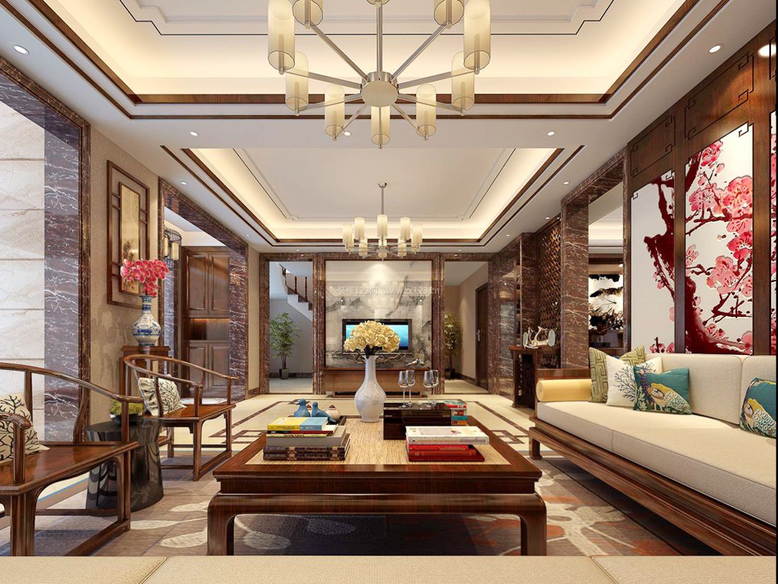 新中式风格客厅组合沙发摆放装修效果图片2023