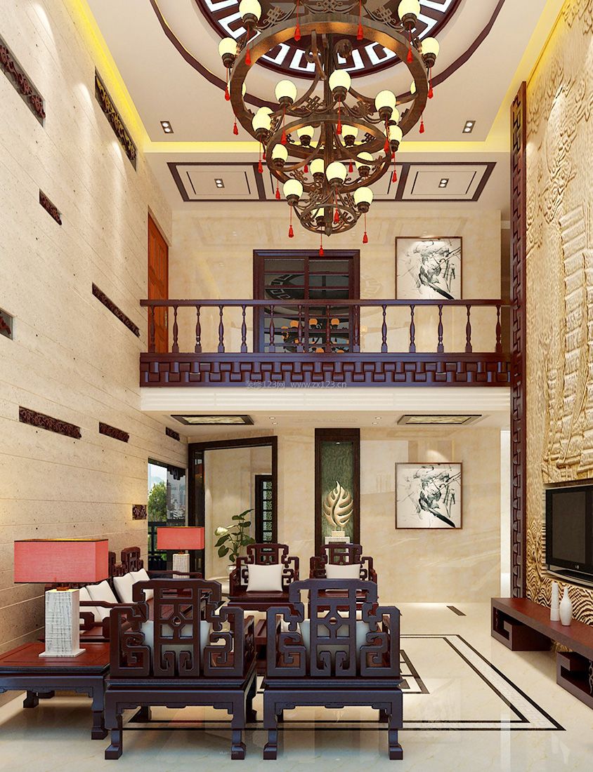 新中式风格两层别墅客厅装修效果图片