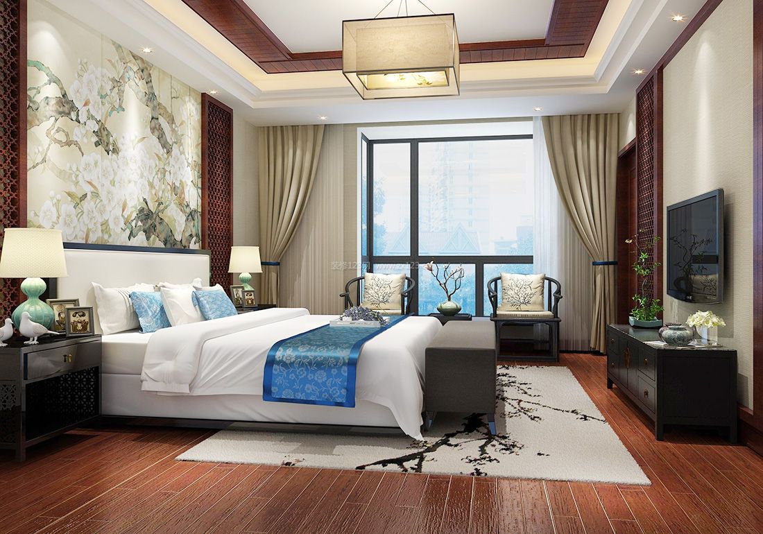 中式家居别墅卧室设计床头背景墙装修效果图片_装修123效果图