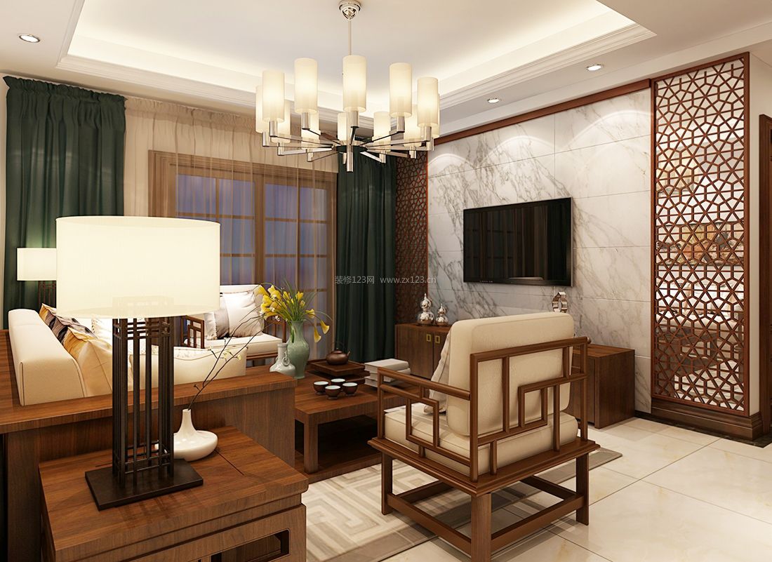 最新中式风格客厅绿色窗帘装修效果图片