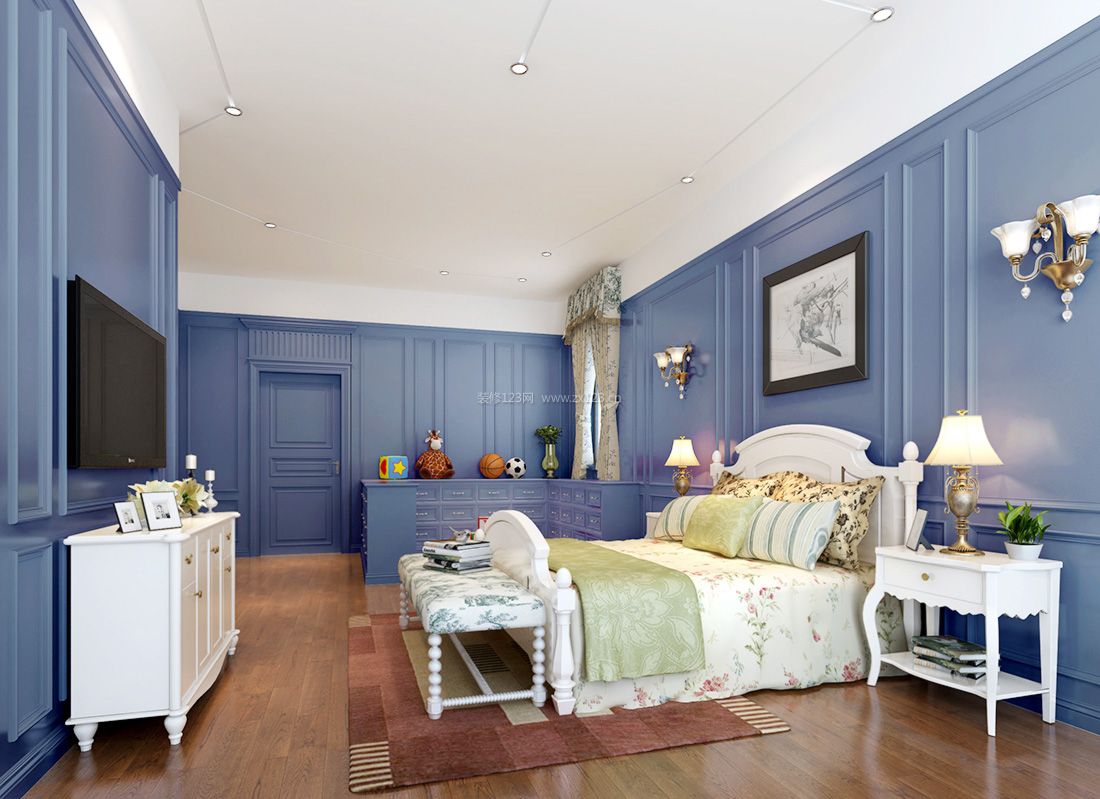 地中海家居婚房卧室蓝色墙面装饰装修效果图片