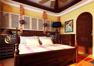 东南亚风格家庭卧室床头背景墙设计装修效果图