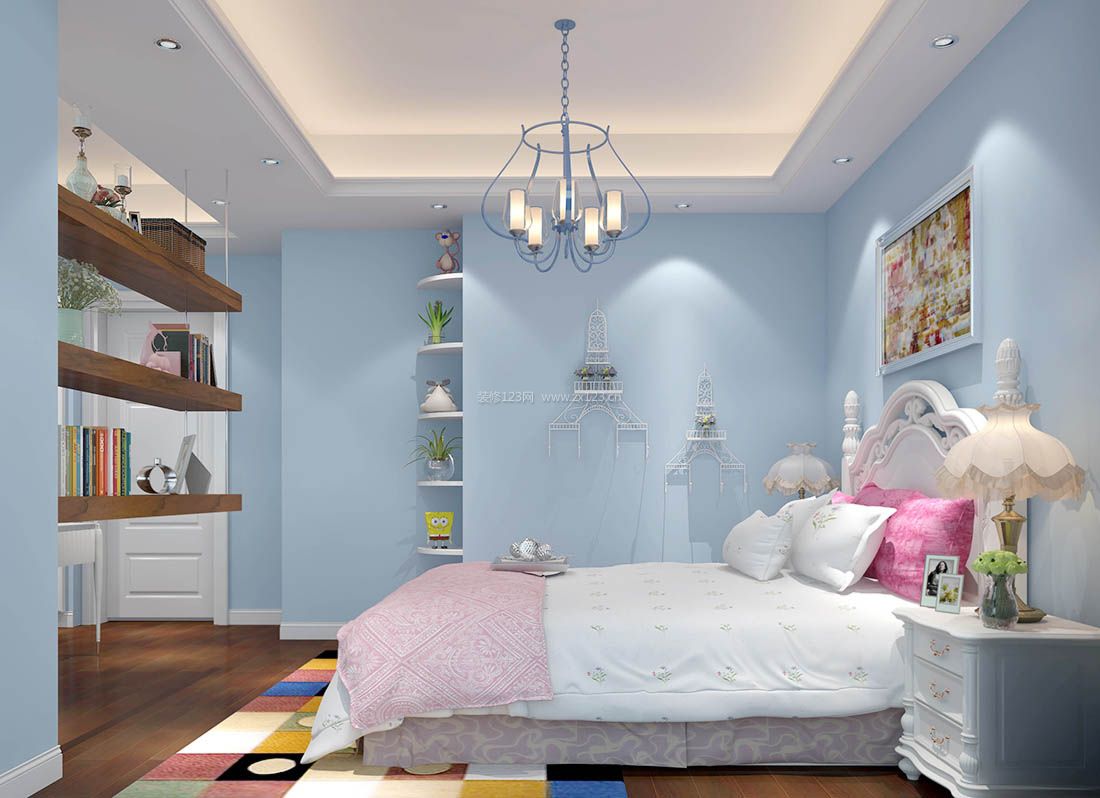 欧式家居室内卧室蓝色墙面装修效果图片案例