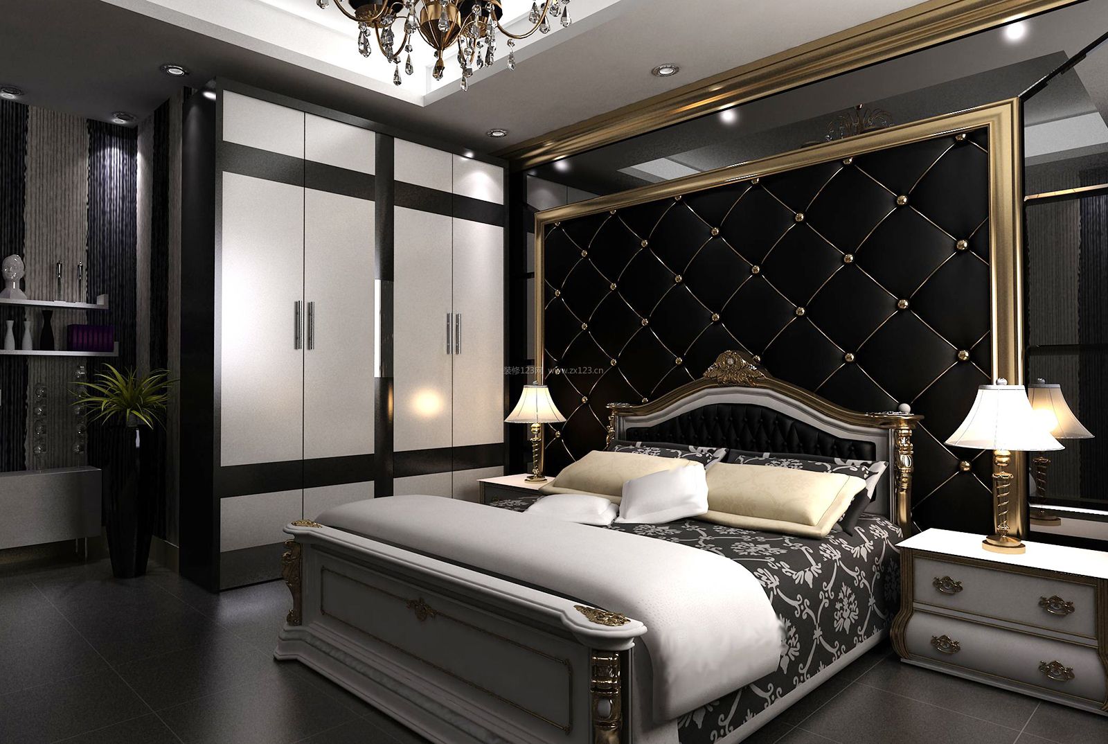 现代欧式卧室床头软包背景墙装修案例_装修123效果图