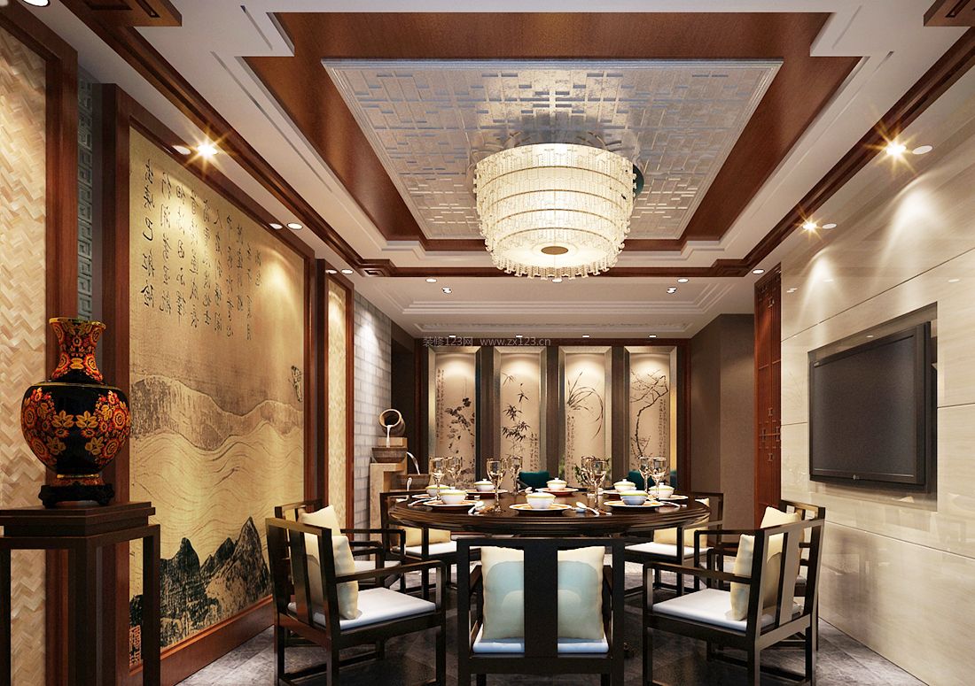 2023中式会所餐厅墙面装饰装修设计效果图片