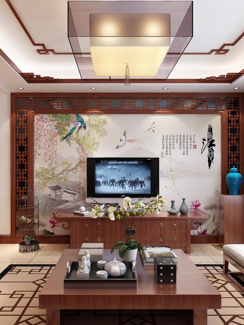 簡(jiǎn)約中式大氣客廳實(shí)木電視柜效果圖