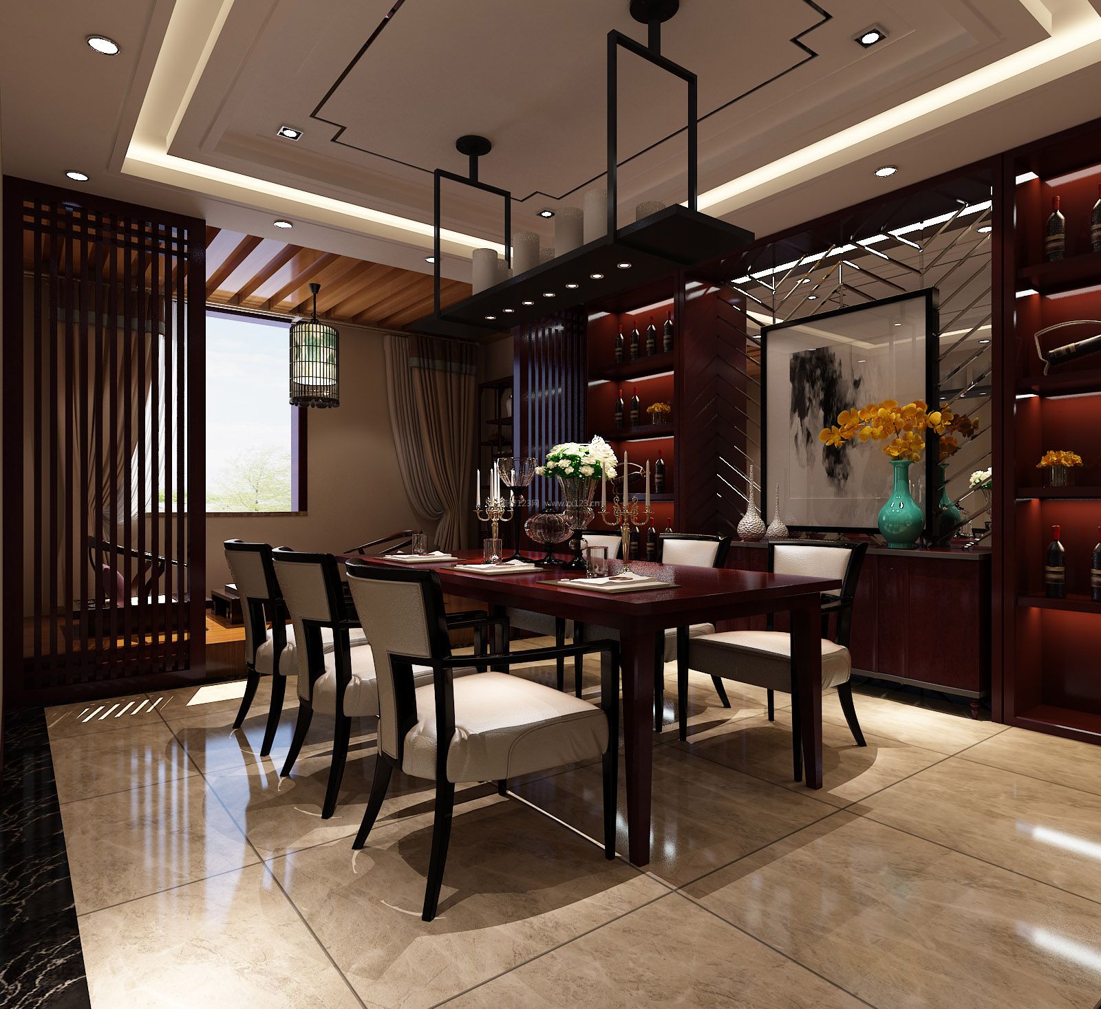 中式别墅餐厅酒柜装修效果图