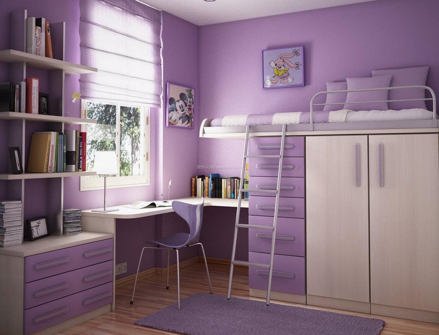 紫色卧室书桌设计图