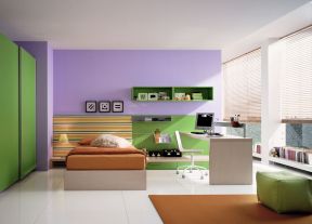 紫色卧室 米白色地砖装修效果图片