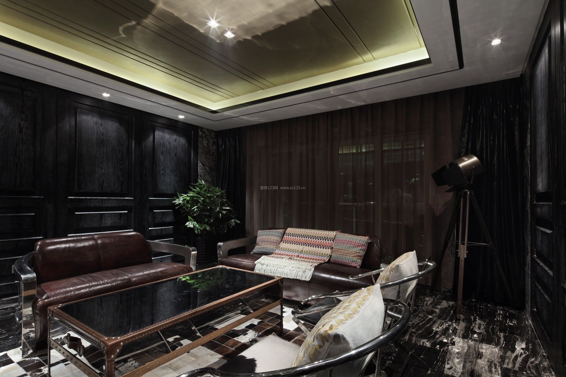 最新现代中式客厅真皮沙发装修效果图片