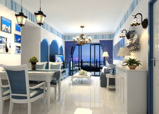 地中海风格小户型客厅蓝色窗帘装饰图