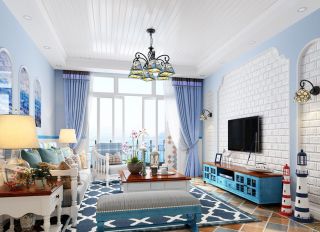 2023地中海风格客厅蓝色电视柜设计图片大全