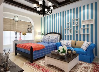 2023地中海风格卧室蓝色布艺沙发装修效果图片