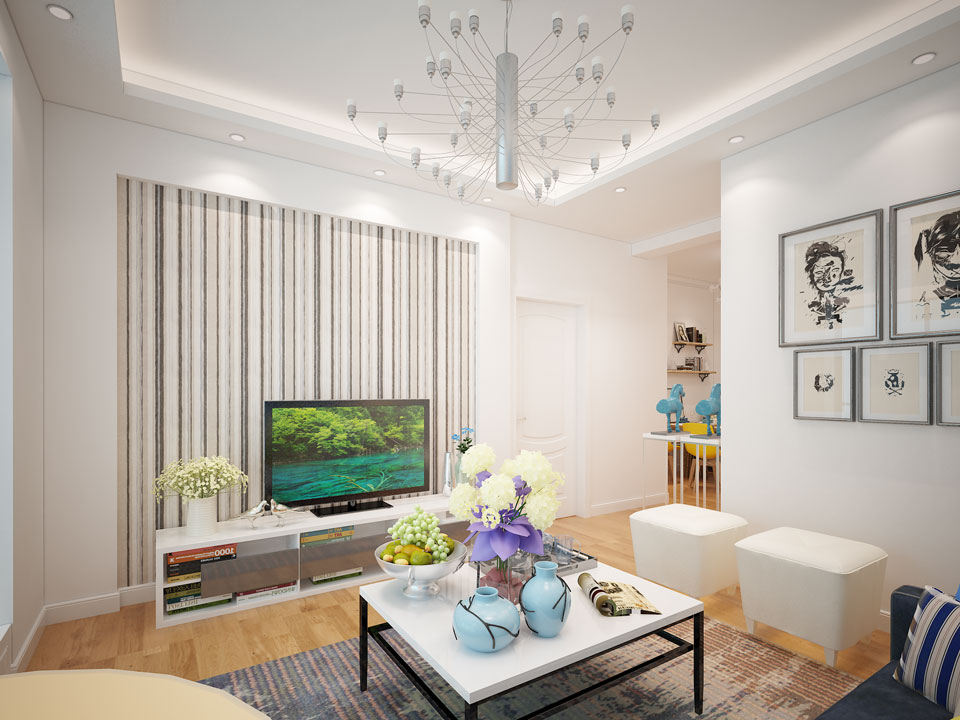 家装小户型客厅电视背景墙竖条壁纸装修效果图