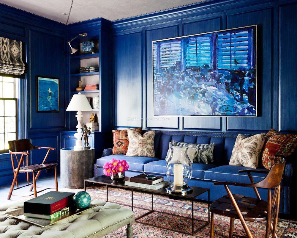 美式古典风格客厅蓝色墙面装修效果图片