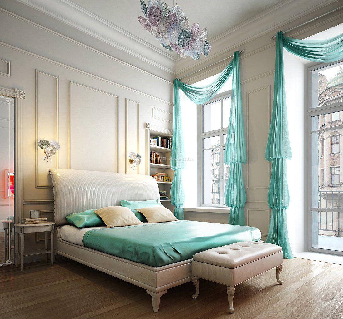 单身卧室绿色窗帘装修效果图 