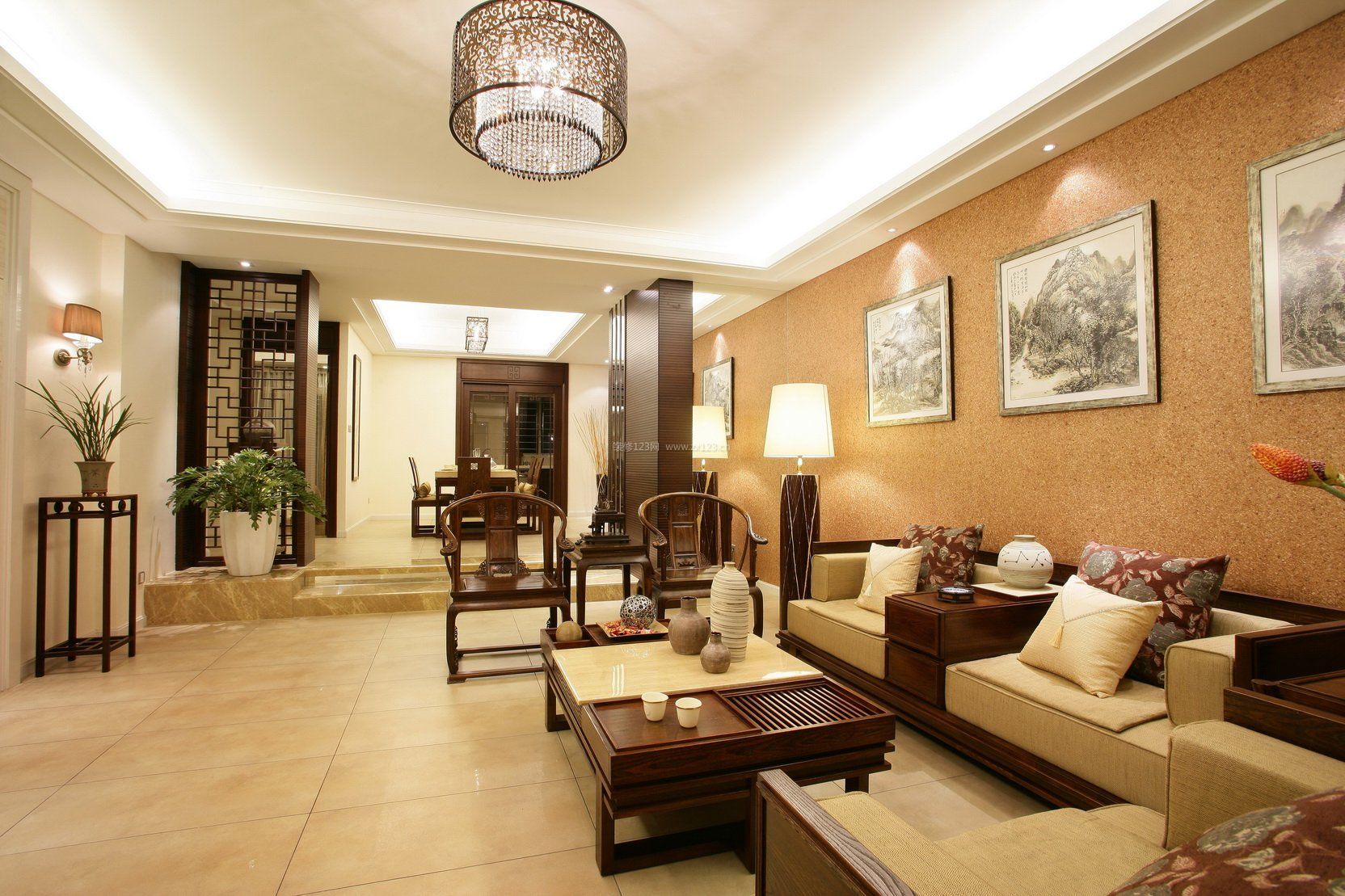 新中式风格别墅客厅装饰画效果图