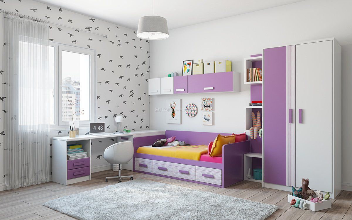紫色卧室小卧室家具摆放装修效果图