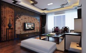 新中式客厅电视墙 中式图案壁纸装修效果图片