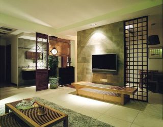 新中式客厅电视墙木质隔断