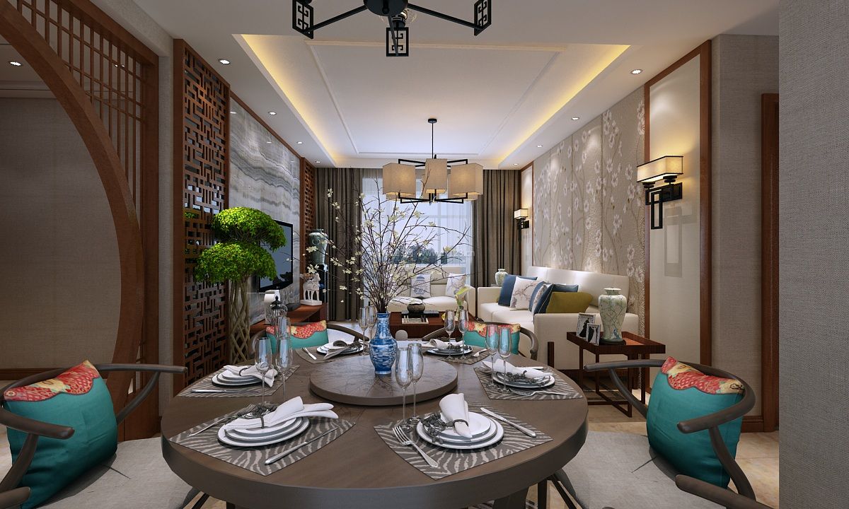 新中式室内设计效果图 餐厅圆餐桌
