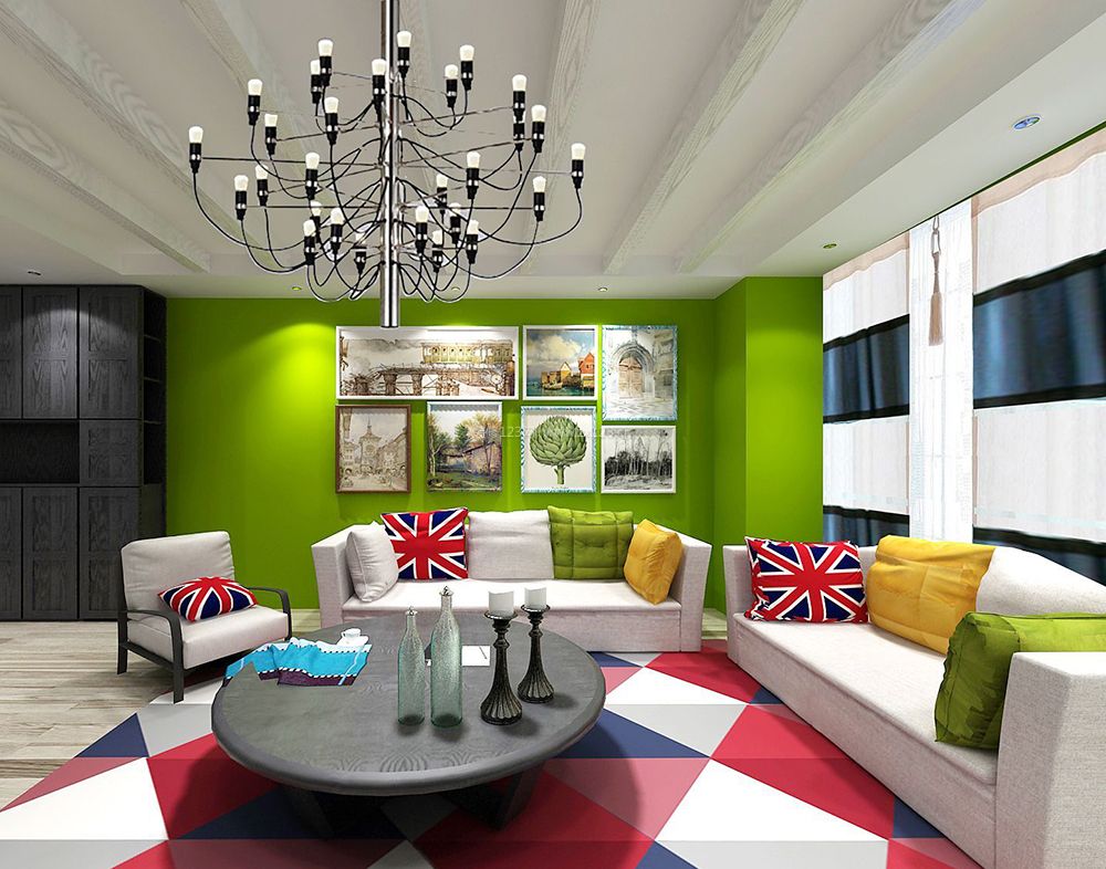 现代美式样板房客厅沙发背景墙装饰画装修效果图