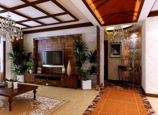 东南亚客厅风格电视柜背景墙设计效果图
