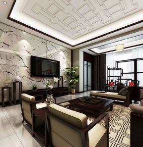 中式现代混搭 客厅电视背景墙设计效果图