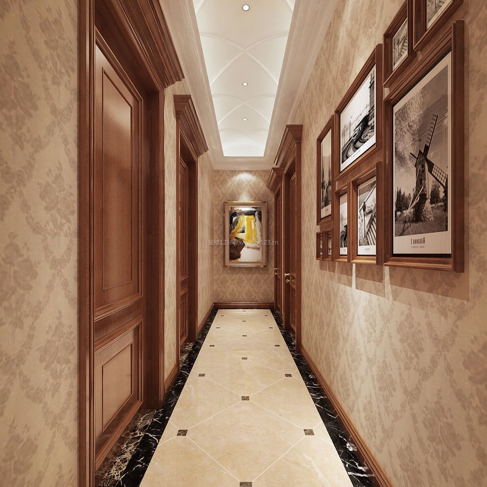 家装效果图 欧式 欧式别墅建筑风格室内走廊过道背景墙设计图片 提供