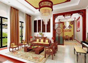 中式客厅棕色窗帘装修效果图片