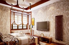 中式田园风格卧室装修效果图 中式壁纸贴图