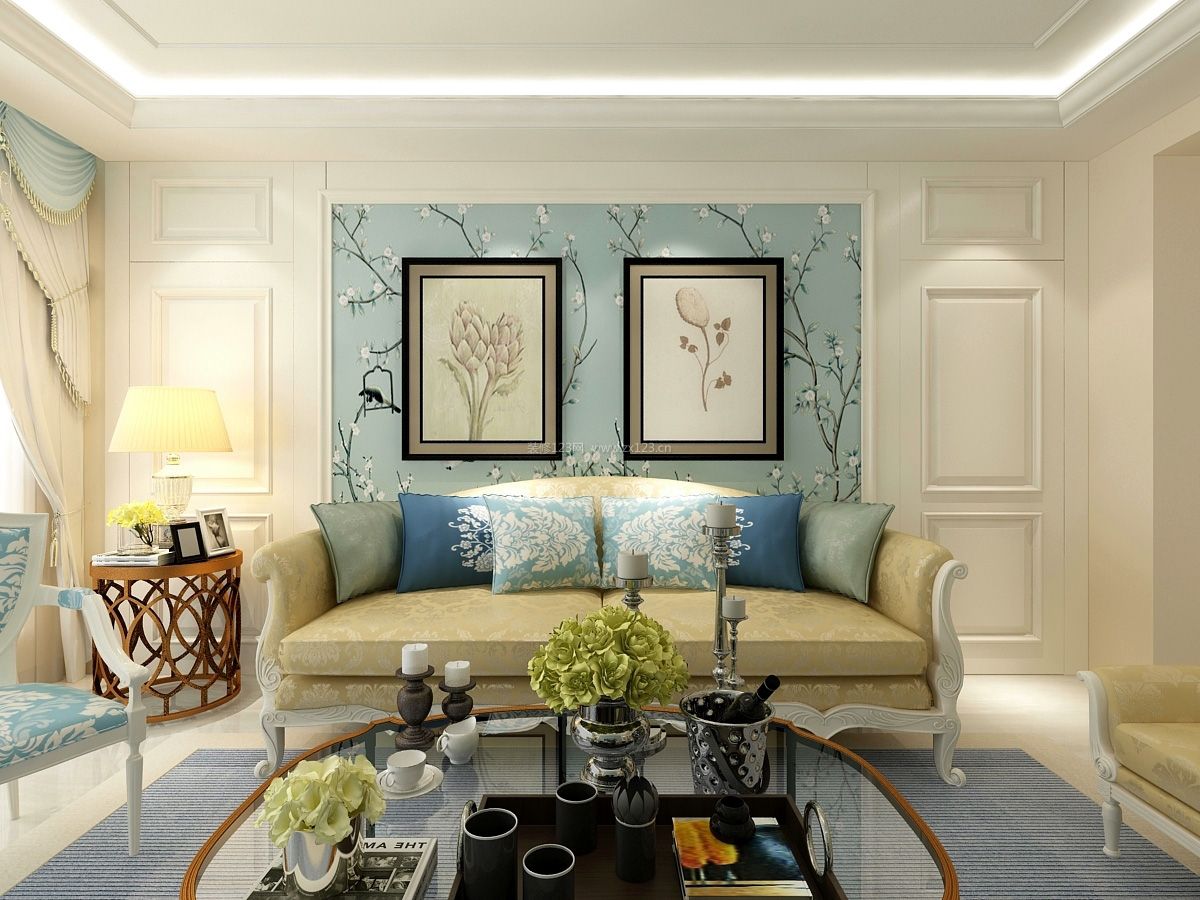 现代美式风格客厅沙发背景墙装修效果图欣赏