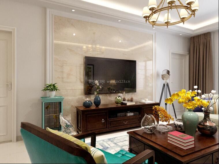 现代美式客厅大理石电视背景墙装修效果图