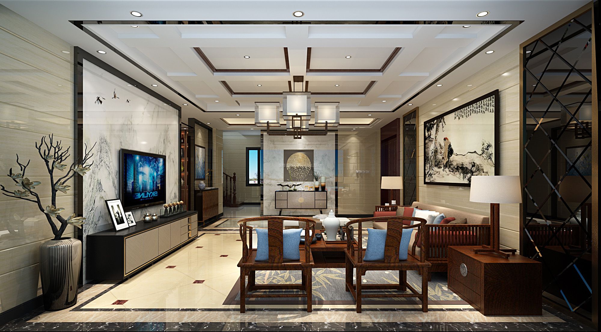 新中式客厅装修效果图欣赏 微晶石电视背景墙效果图