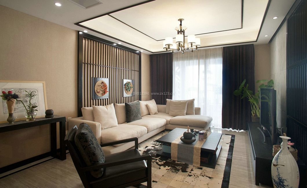 新中式客厅沙发背景墙装修效果图片2023