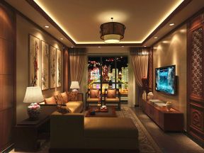 中式家庭客厅装修效果图 电视背景墙设计装修效果图片