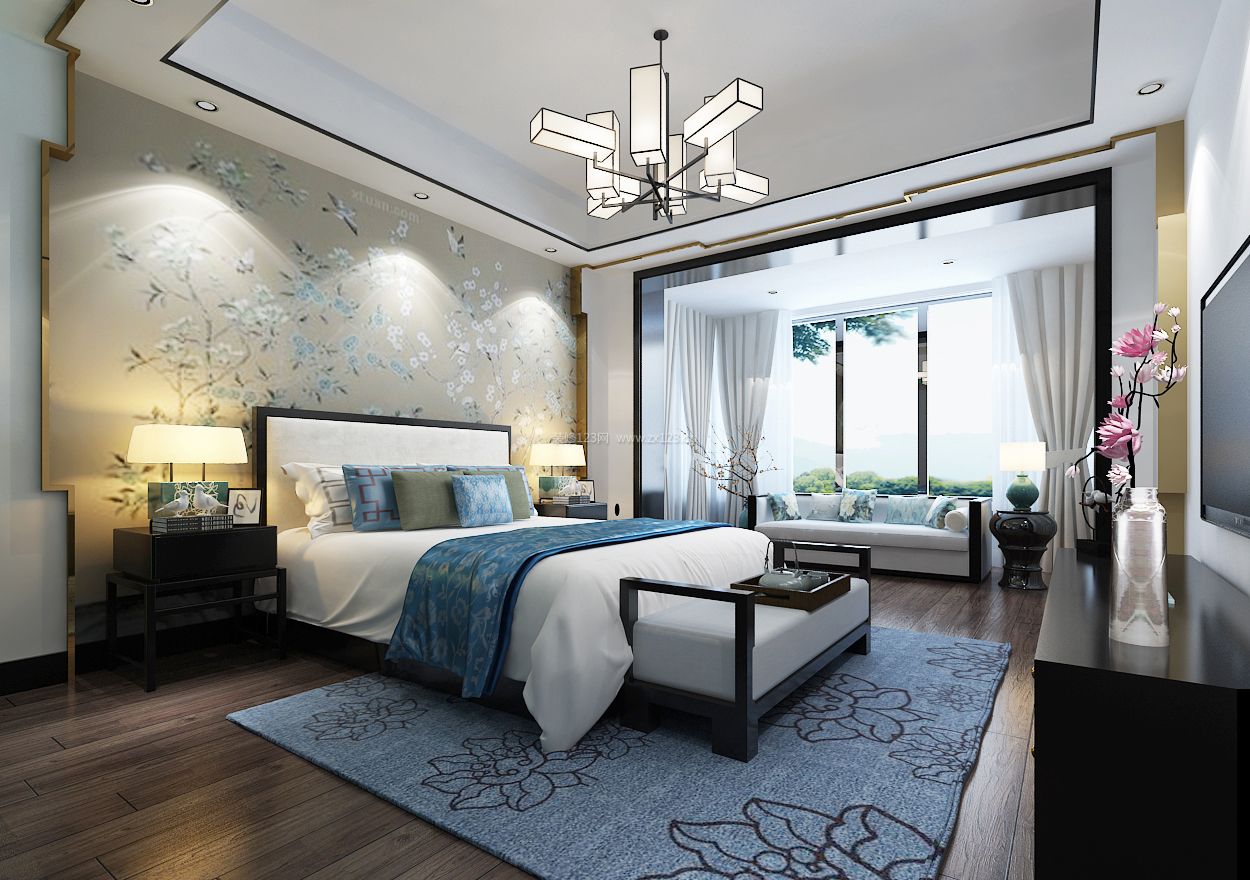 新中式风格卧室床头壁纸背景墙装修效果图