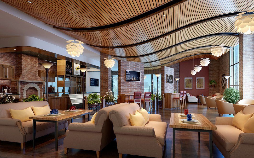 咖啡馆店面木质吊顶设计_装信通网效果图