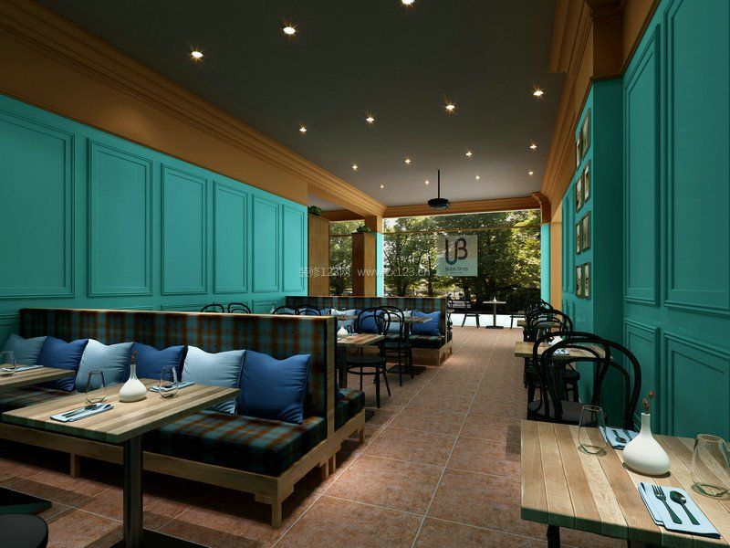 咖啡馆店面绿色墙面装修设计效果图片