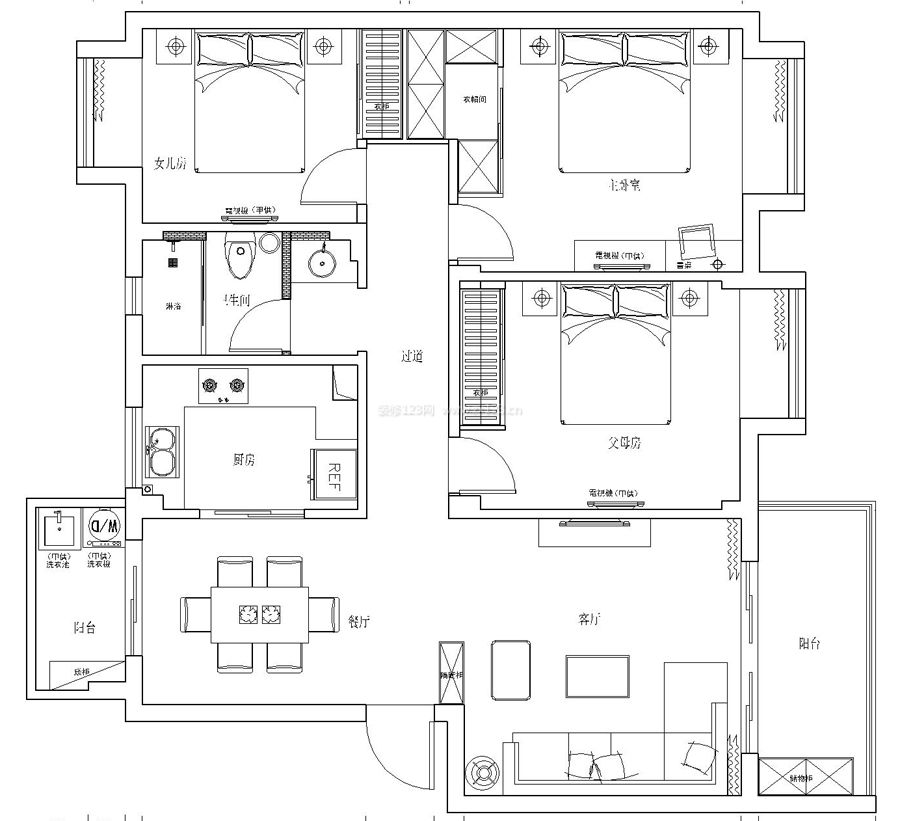 130平米別墅經(jīng)典的兩廳三戶戶型圖