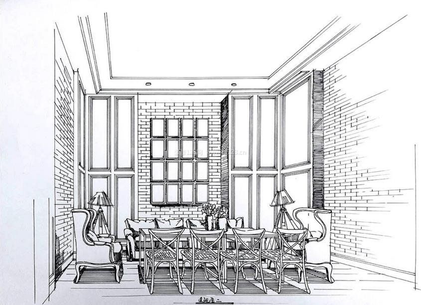 歐式風(fēng)格餐廳手繪效果圖線稿
