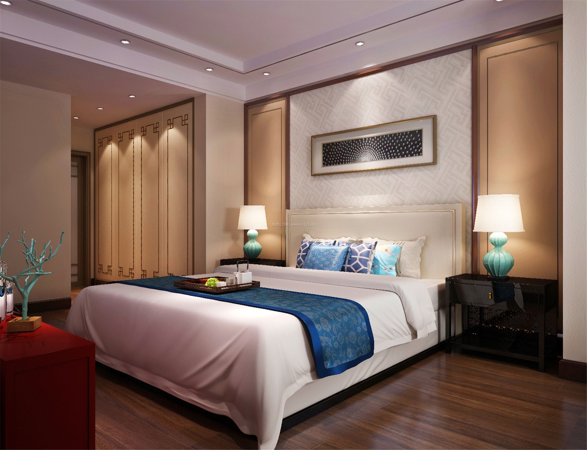 新中式卧室床头背景墙设计效果图