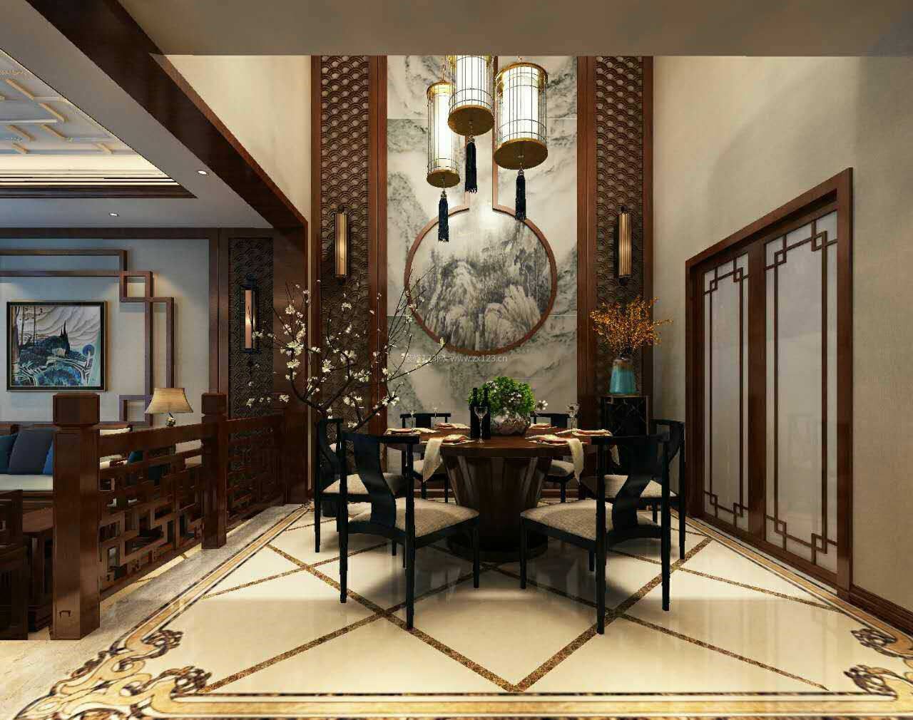 中式家庭餐厅圆餐桌装修效果图片2017