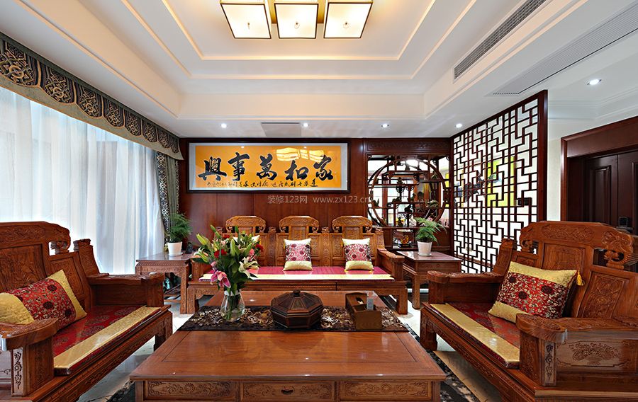 中式客厅实木家具效果图片大全