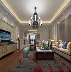 新中式别墅客厅木箱茶几装修效果图片2023