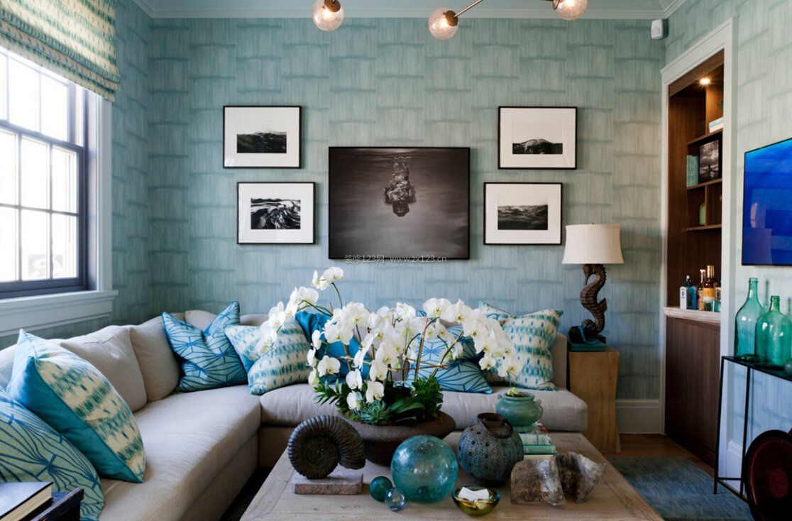客厅满铺蓝色液体墙纸壁纸效果图 