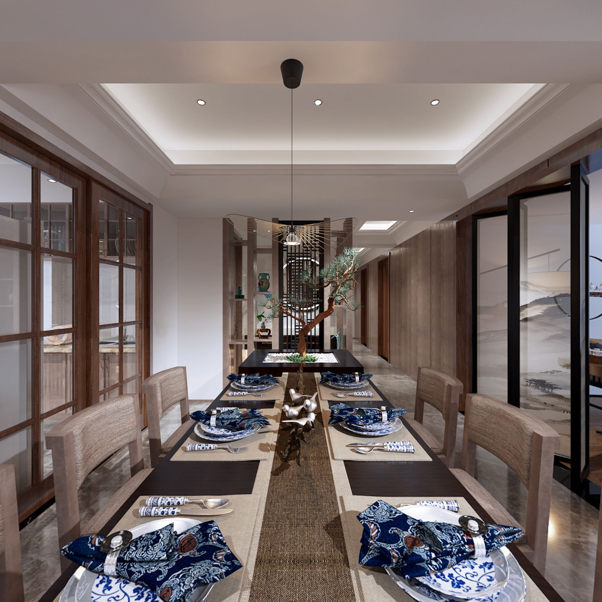 2023新中式别墅餐厅餐具装修图片欣赏