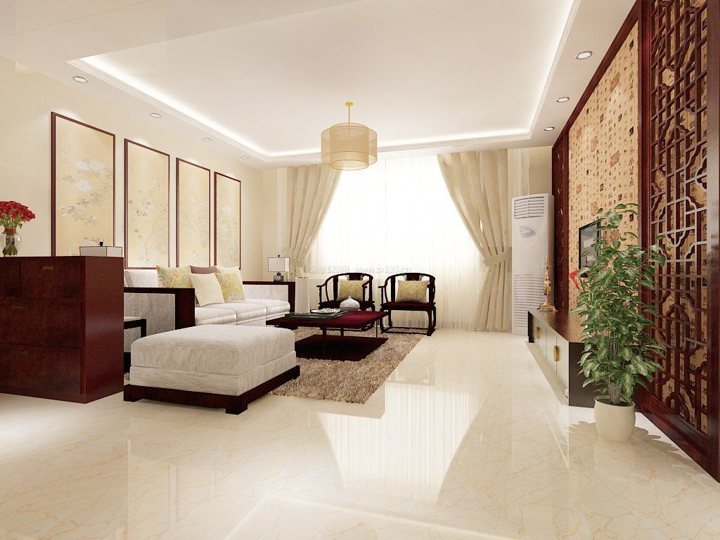 小户型中式客厅白色地砖装修