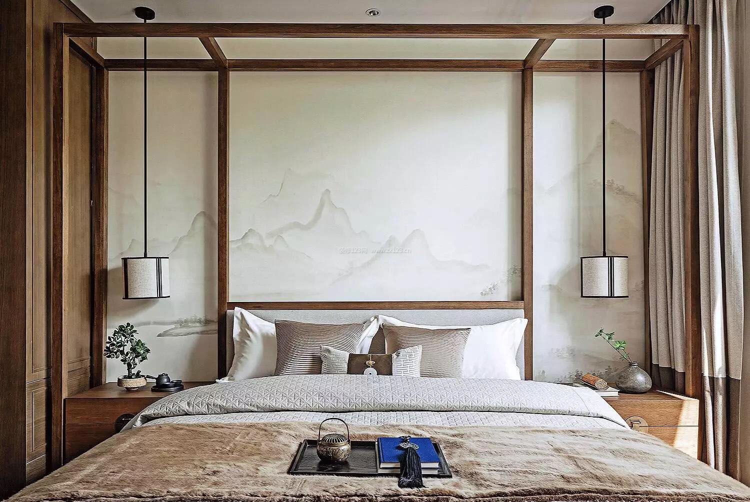 现代简约卧室床头背景墙壁纸效果图大全2017